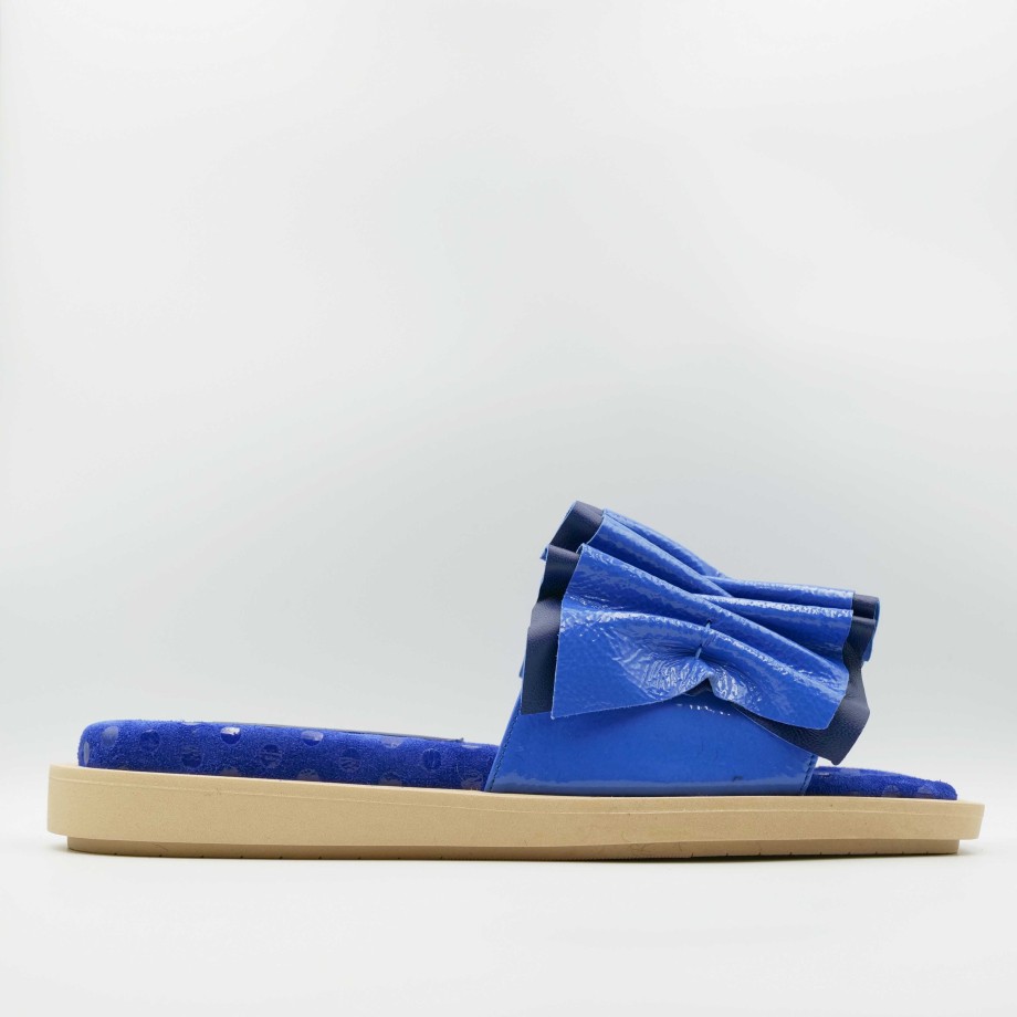 Sandali Bassi Esteban Calzature | Ciabatta In Pelle Lucida Blu Elettrico Filoteo Calzoleria