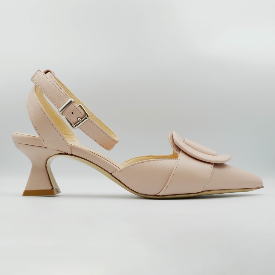 Slingback Esteban Calzature | Alchimia - Slingback In Pelle Nude Tacco Basso E Largo Cinturino E Accessorio Alchimia