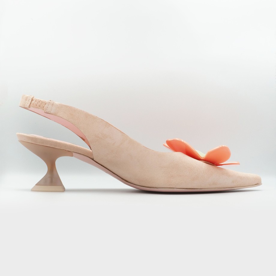 Slingback Esteban Calzature | Slingback In Camoscio Rosa Elastico E Fiore In Arancio Ras