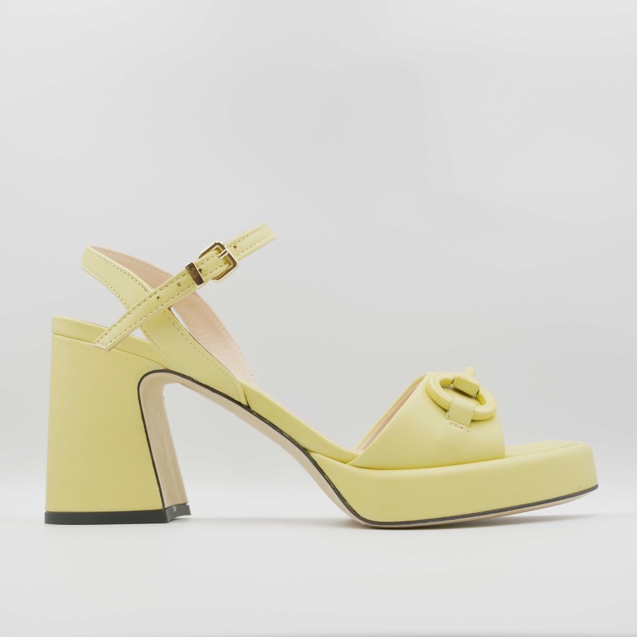 Sandali Con Tacco Esteban Calzature | Eva Luna - Sandali Con Tacco Pelle E Plateau Giallo Con Cinturino E Accessorio