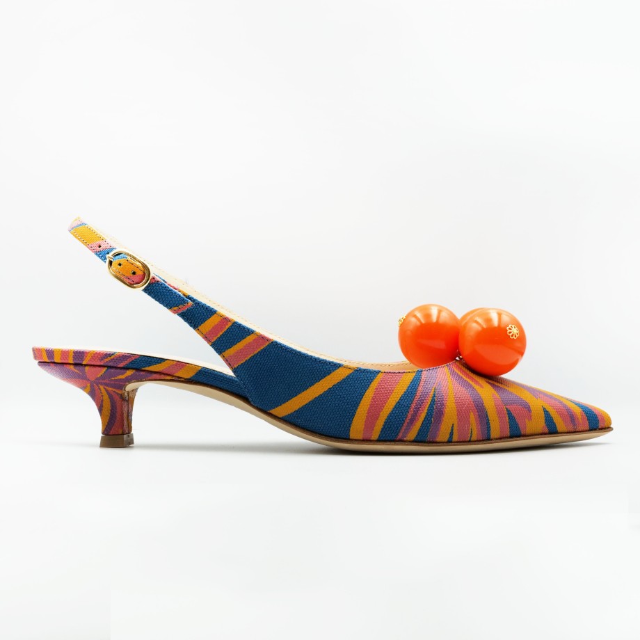 Slingback Esteban Calzature | Prosperine - Slingback In Pelle E Tessuto A Tacco Basso Blu E Arancio Con Cinturino