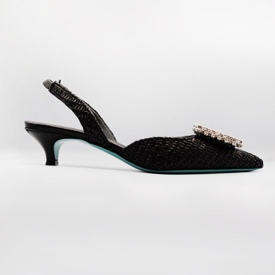 Slingback Esteban Calzature | Fratelli Russo - Slingback Tacco Basso Nera In Pelle E Rafia Con Accessorio