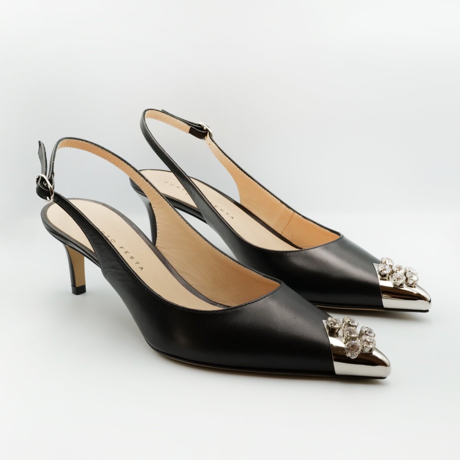 Slingback Esteban Calzature | Roberto Festa - Slingback In Pelle Nera Punta Argento