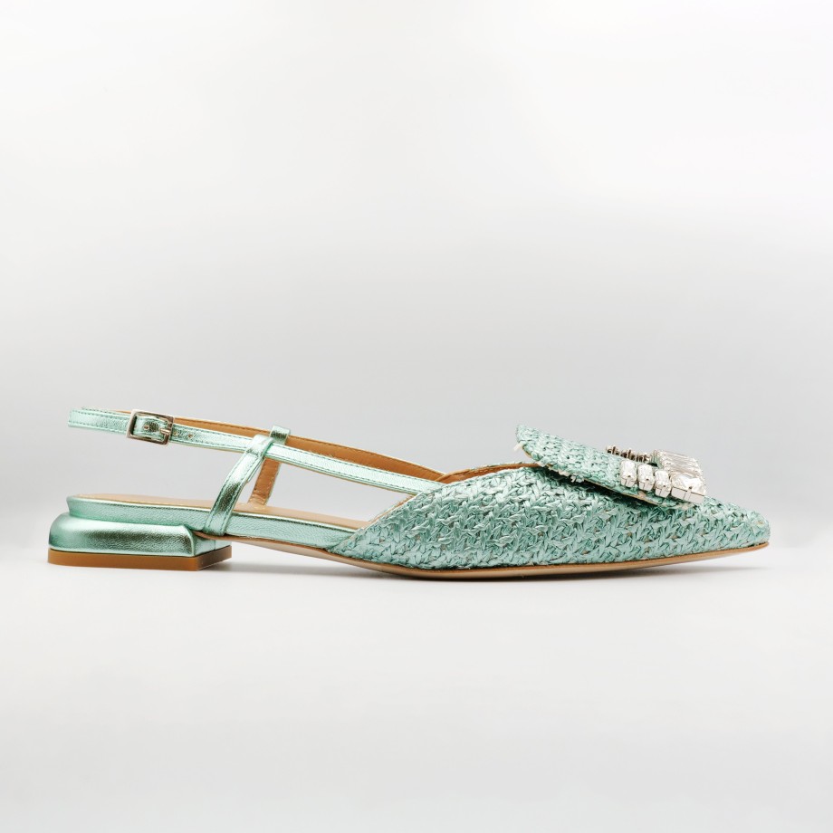 Slingback Esteban Calzature | Chantal - Slingback In Pelle E Rafia Con Accessorio Argento E Cinturino