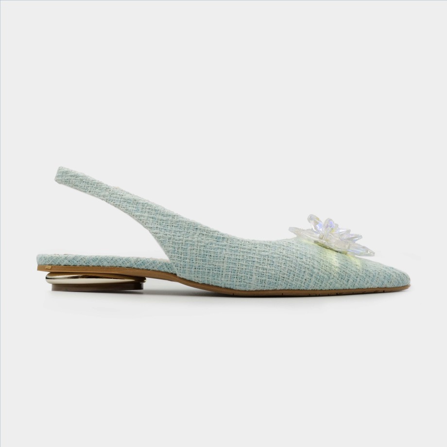 Slingback Esteban Calzature | Tiffi - Slingback In Pelle E Tessuto Verde Acqua Tacco Baso Accessorio Fiore In Vetro