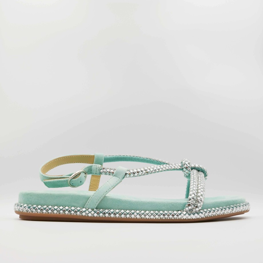 Sandali Bassi Esteban Calzature | Sandali Bassi In Camoscio Verde Acqua Con Strass Alma En Pena