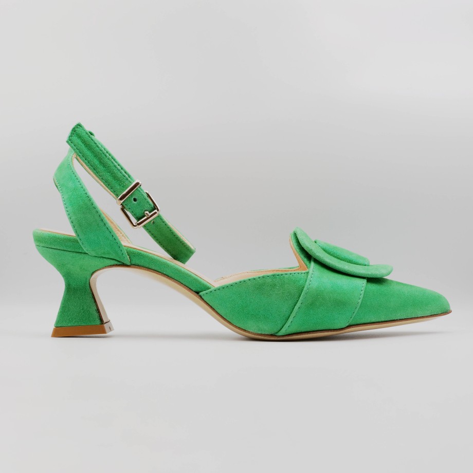 Slingback Esteban Calzature | Alchimia - Slingback In Camoscio Verde Con Tacco Basso