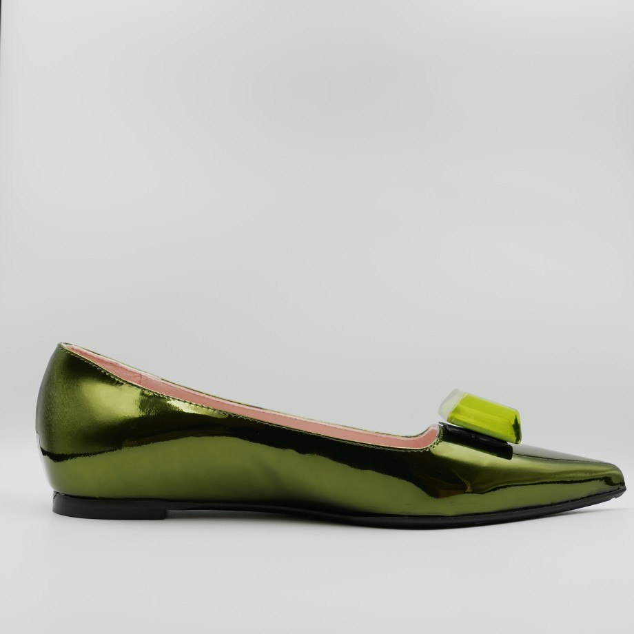 Ballerine Esteban Calzature | Ballerine In Vernice Verde A Punta Con Accessorio Ras