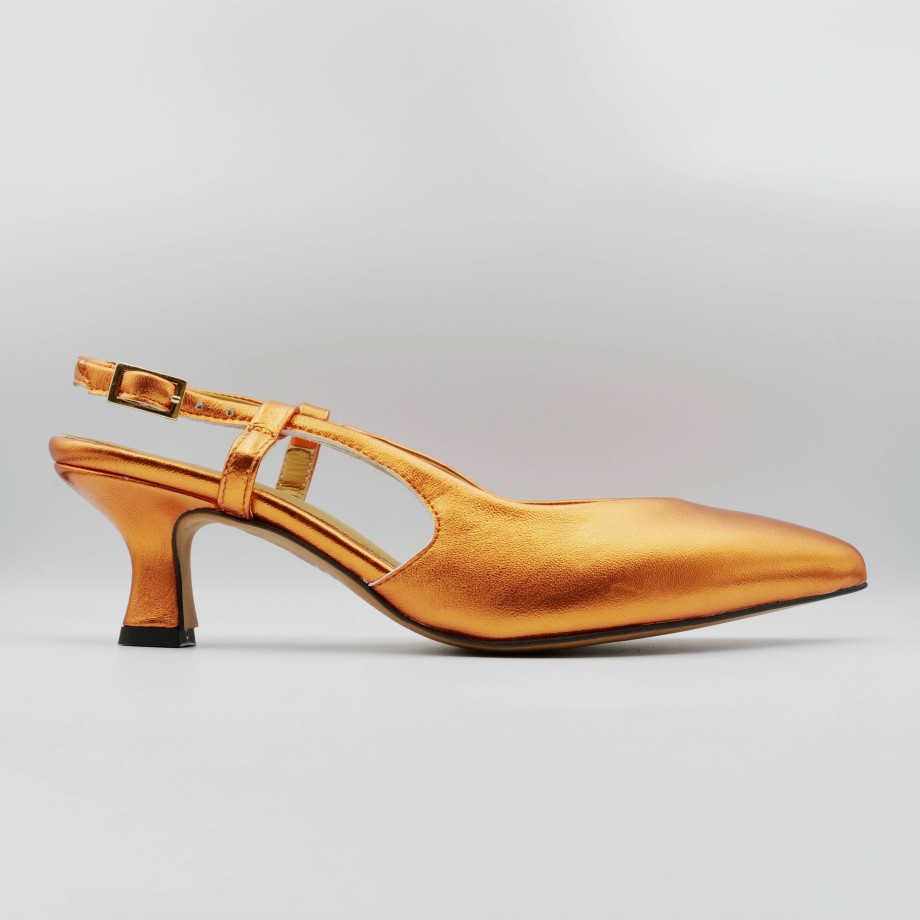 Slingback Esteban Calzature | Brera - Slingback In Nappa Arancio Laminato Tacco Baso E Cinturino