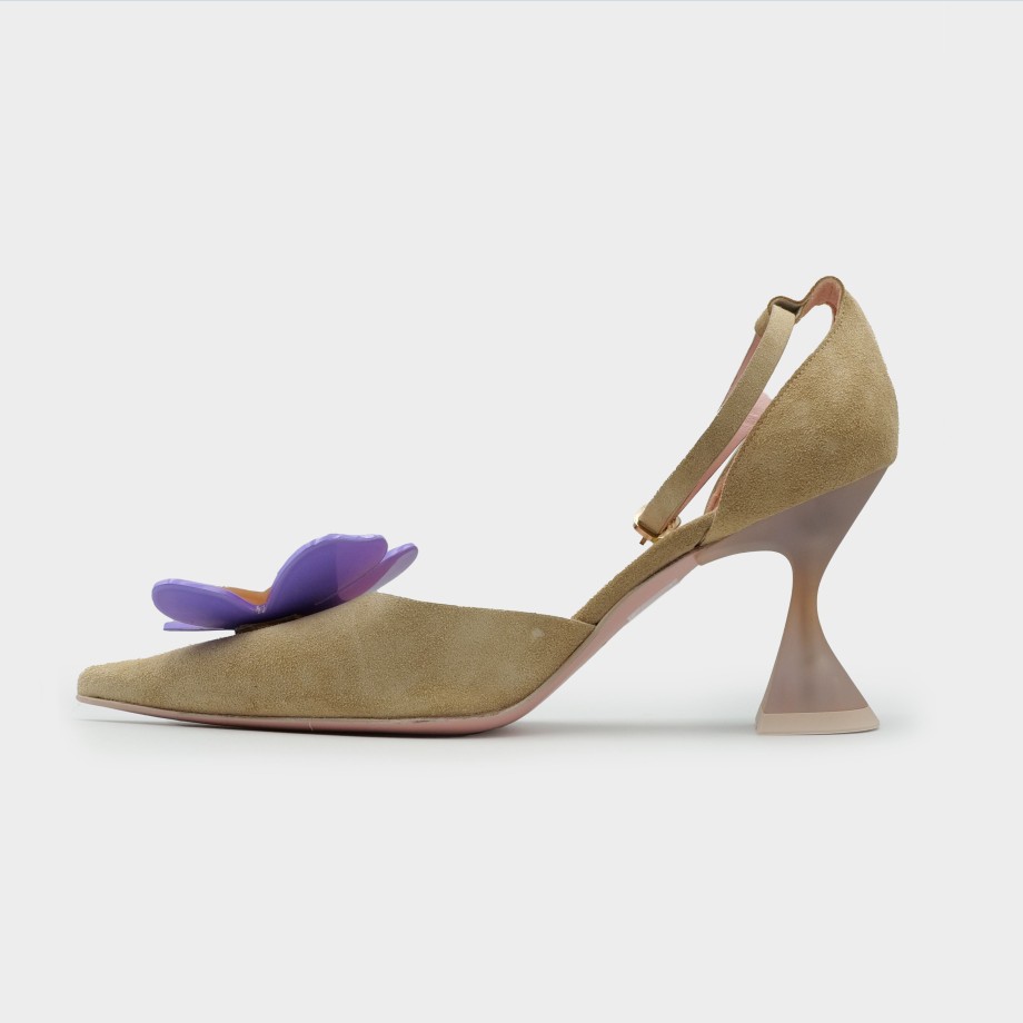 Slingback Esteban Calzature | Ras - Slingback In Camoscio Tortora Fiore Viola E Cinturino Alla Caviglia