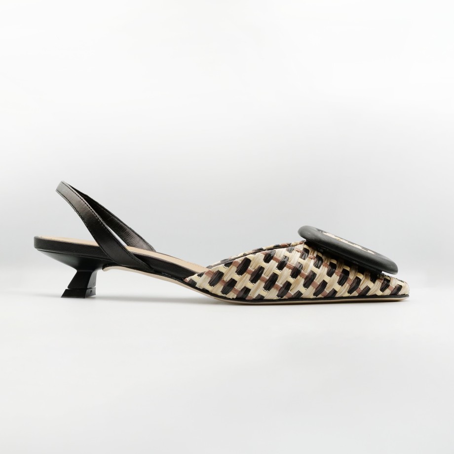 Slingback Esteban Calzature | Chantal - Slingback In Pelle E Rafia Nera E Beige Tacco Basso Con Elastico