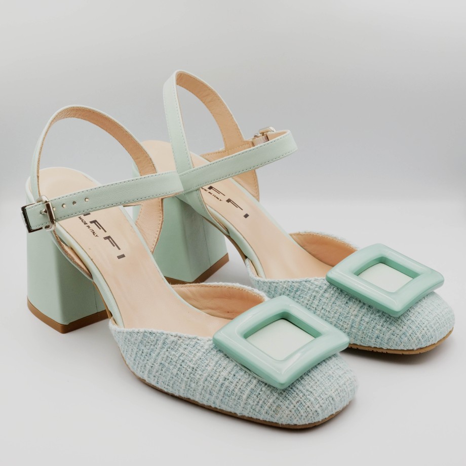 Slingback Esteban Calzature | Tiffi - Slingback In Pelle E Tessuto Acqua Marina Con Tacco Largo