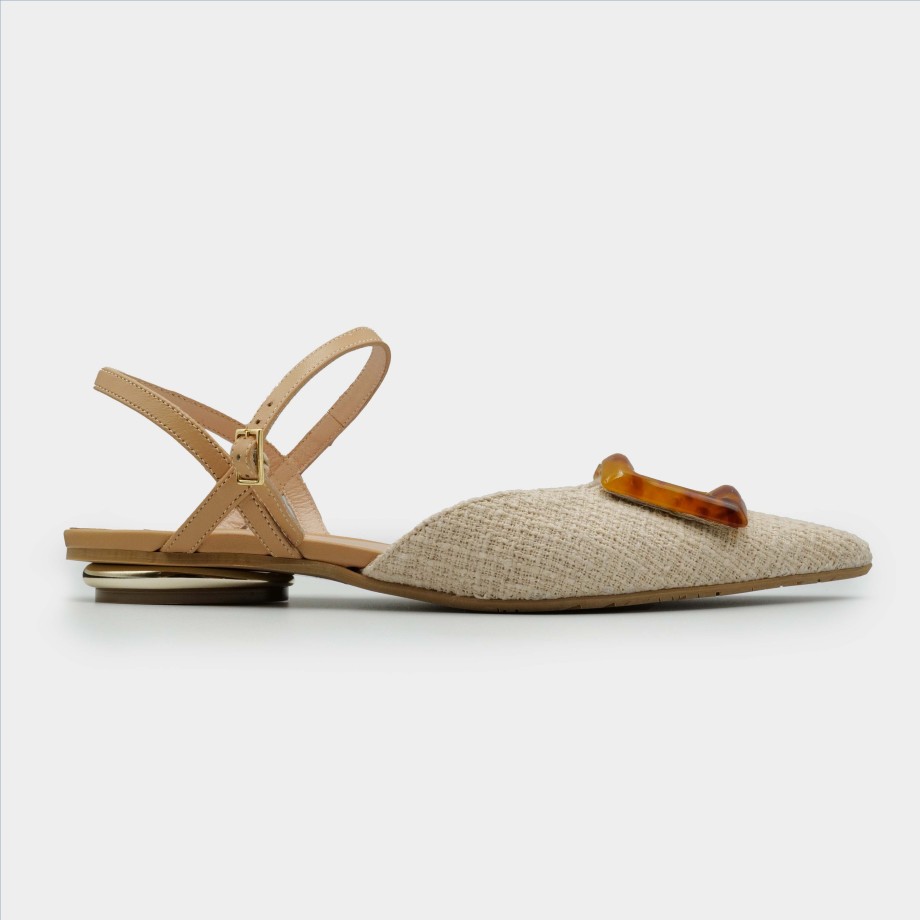 Slingback Esteban Calzature | Tiffi - Slingback Bassa In Pelle E Tessuto Cinturino E Accessorio Beige