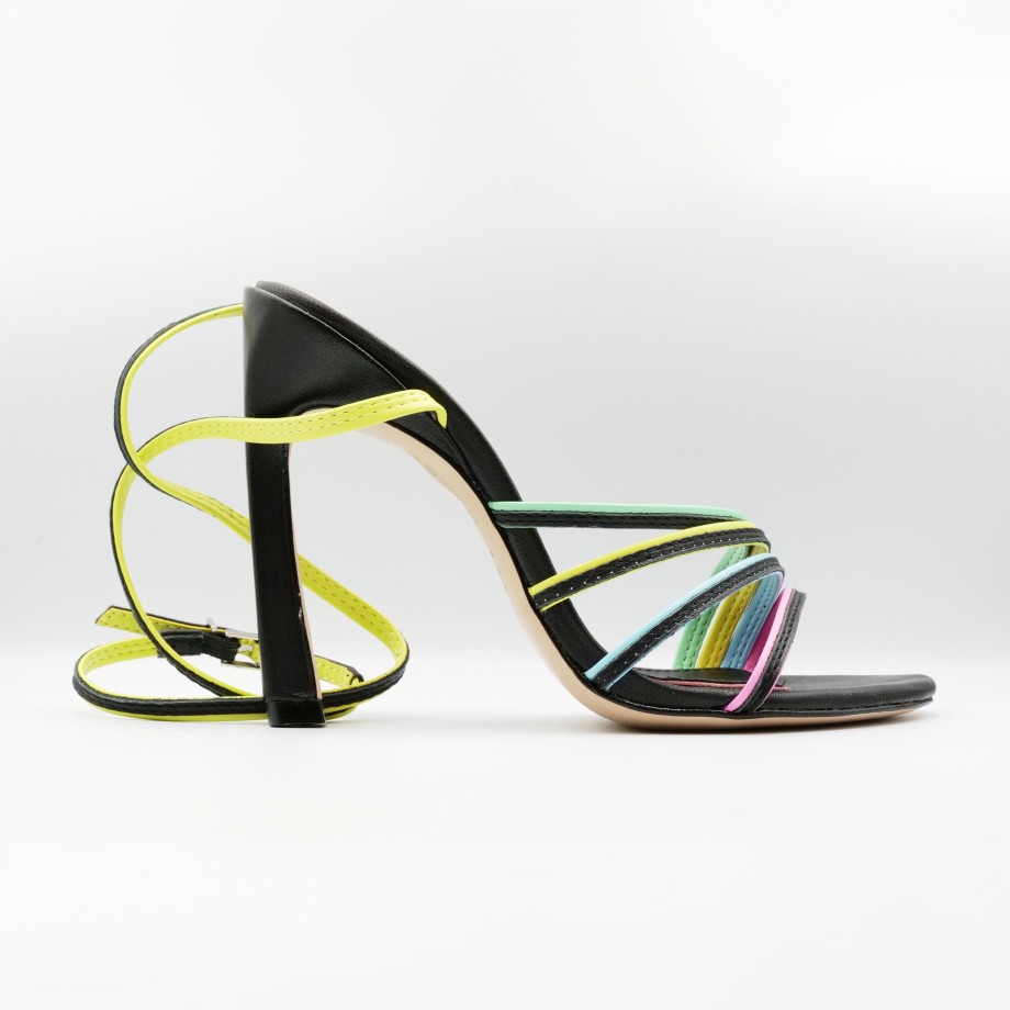 Sandali Con Tacco Esteban Calzature | Schutz - Sandalo Con Tacco Alto In Pelle Nero Con Fasce Colorate